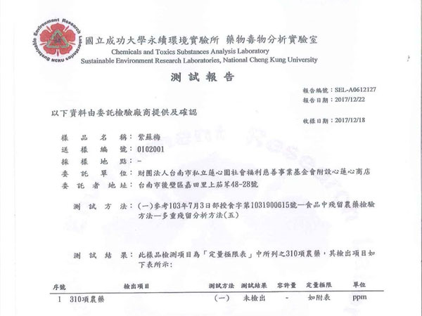 紫蘇梅農藥殘留檢測報告